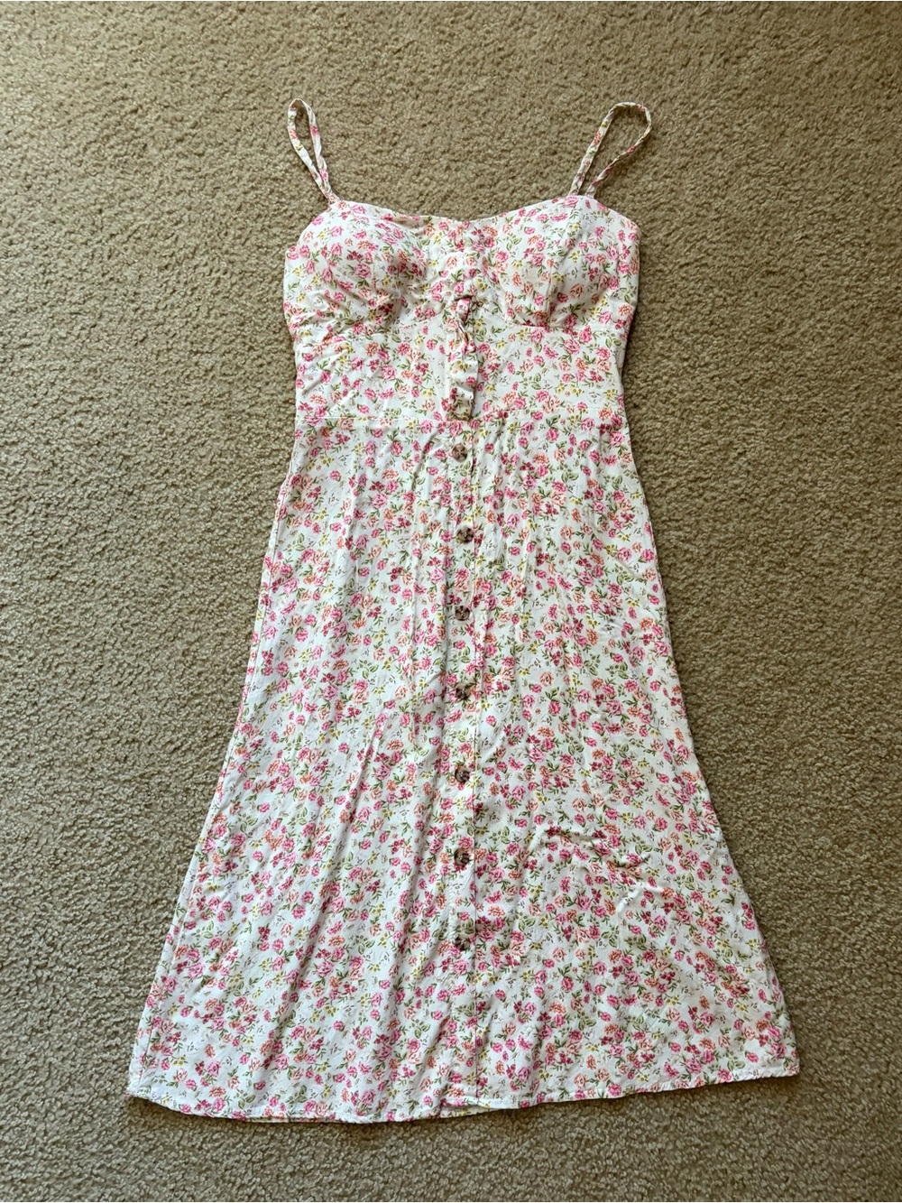 White Floral Button-Front Dress with Pink Rose Print